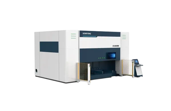 Senfeng SF3015TDH- пятиосевой станок для лазерной 3D резки объемных деталей сложных форм. С 135-градусной двухпозиционной вращающейся платформой, угол поворота по оси С до 360°. Мощность от 3 до 20 кВт