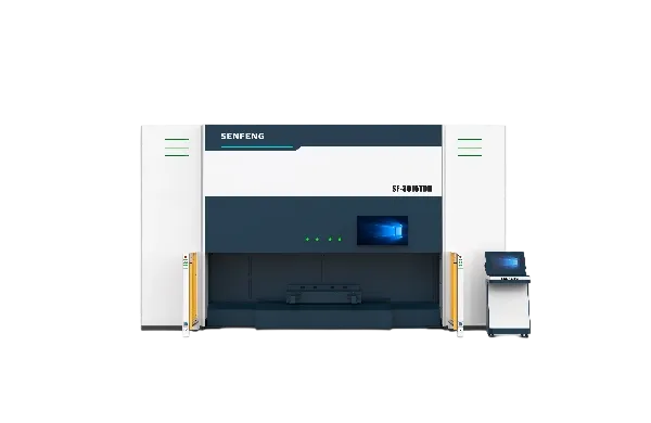 Senfeng SF3015TDH- пятиосевой станок для лазерной 3D резки объемных деталей сложных форм. С 135-градусной двухпозиционной вращающейся платформой, угол поворота по оси С до 360°. Мощность от 3 до 20 кВт