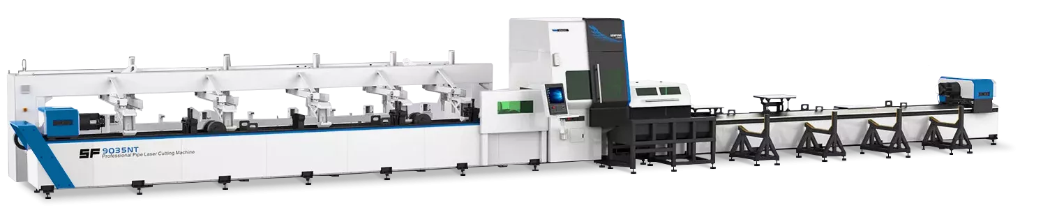 Senfeng SF9035NT – станок для лазерной резки трубы с тремя патронами. Длина трубы до 9 метров с диаметром до 350 мм. Мощность от 3 до 12 кВт. Senfeng SF9035NT – станок для лазерной резки трубы с тремя патронами. Длина трубы до 9 метров с диаметром до 350 мм. Мощность от 3 до 12 кВт.