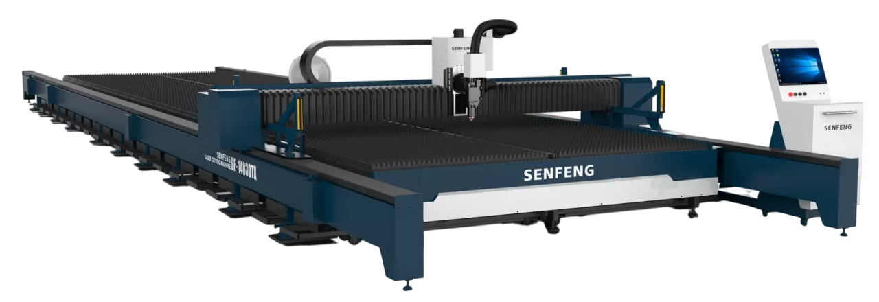 Senfeng SF10030TX - широкоформатный станок для лазерной резки листового металла. Возможность резки со скосом под углом 45°. Рабочее поле 10000х3000. Мощность от 6 до 100 кВт.