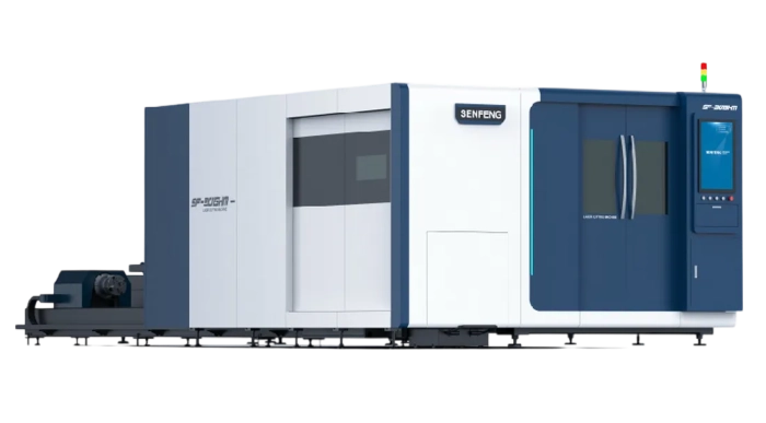 Senfeng SF4020HM – комбинированный станок лазерной резки металла и трубы с защитой кабинетного типа и системой сменных столов. Рабочее поле 6000х2000. Длина трубы до 6 метров с диаметром до 220 мм. Мощность от 6 до 30 кВт.