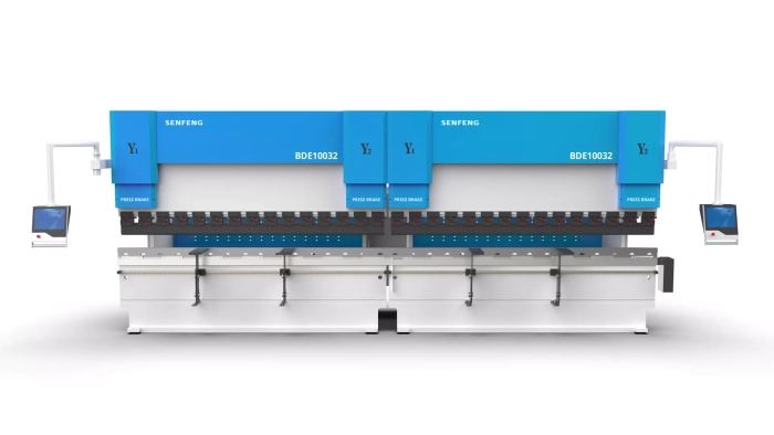 Senfeng BDE10032 + BDE10032 - тандемный листогибочный пресс с электрогидравлической синхронизацией, усилие гиба 200 тонн, длина заготовки до 6400 мм