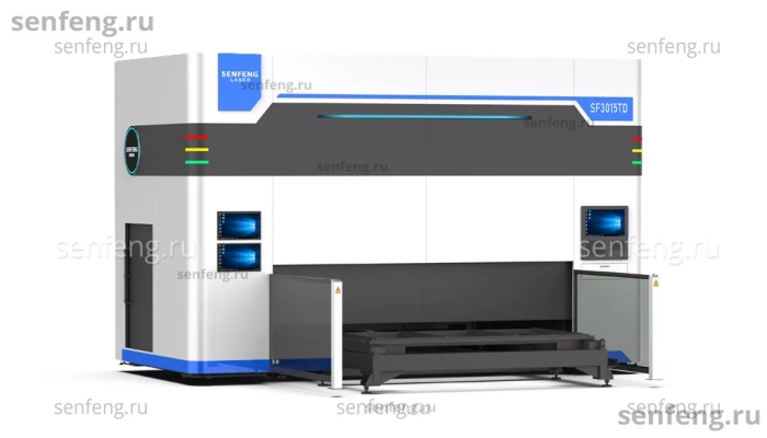 Senfeng SF3015TD - пятиосевой станок для лазерной резки объемных деталей сложной формы. С 180-градусной двухпозиционной вращающейся платформой. Рабочее поле 3000х1500 мм. Мощность от 1,5 до 4 кВт