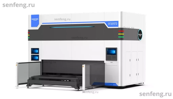 Senfeng SF3015TD - пятиосевой станок для лазерной резки объемных деталей сложной формы. С 180-градусной двухпозиционной вращающейся платформой. Рабочее поле 3000х1500 мм. Мощность от 1,5 до 4 кВт