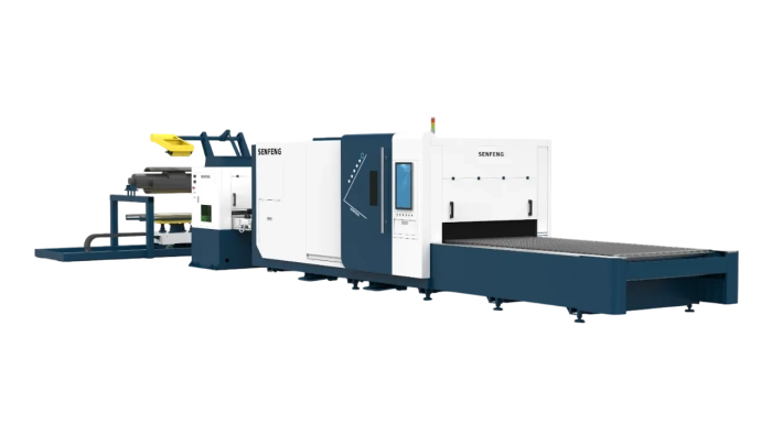 Senfeng SF1505CH - автоматизированный комплекс лазерной резки с рулонной подачей и кабинетной защитой. Толщина рулонного материала до 5 мм, ширина до 1500 мм. Мощность от 3 до 6 кВт.