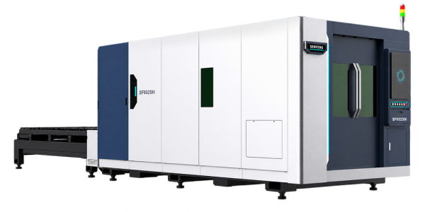 Senfeng SF6025H4 – высокомощный станок лазерной резки металла с защитой кабинетного типа и системой сменных столов. Рабочее поле 6000х2500 мм. Мощность от 6 до 60 кВт.