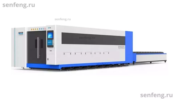 Senfeng SF6025H5 – сверхмощный станок лазерной резки металла с защитой кабинетного типа и системой сменных столов. Особо прочная станина и серводвигатели высокой мощности. Рабочее поле 6000х2500 мм. Мощность 12-100 кВт.