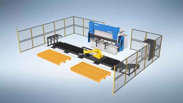 Senfeng BDE10032ES - автоматизированная листогибочная установка, усилие гиба 100 тонн, длина заготовки до 3200 мм, число осей робота 6+1